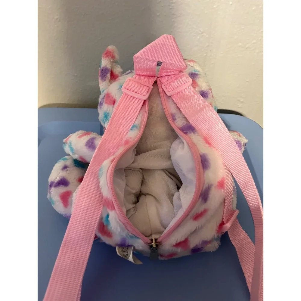 Carried Away Bags Kids Plush Unicorn Backpack White Heart Print Faux Fur Pink
